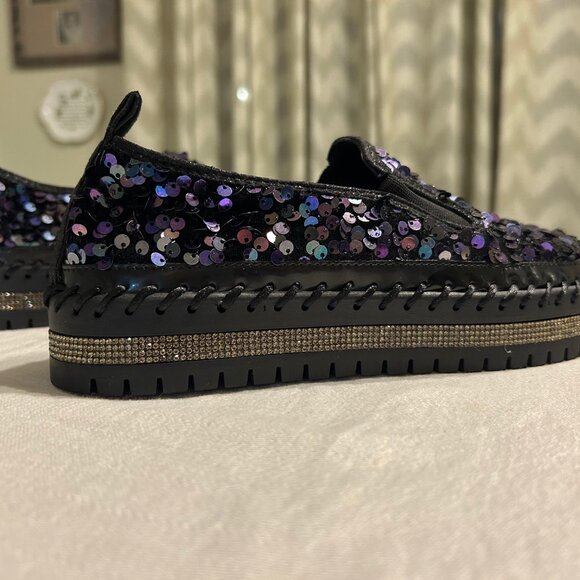 Black Iridescent Sequin Slip-On Platform Sneakers. - Picture 4 of 6